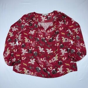 LOFT Womens Red Floral Split Neck Tie Blouse Long Balloon Sleeve Large